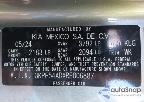 2024 Kia Forte Gt-Line z USA, uszkodzony, nr VIN 3KPF54ADXRE806887